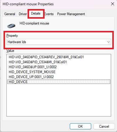 Selecting "Hardware Ids" under "'Property" in driver Properties window. 