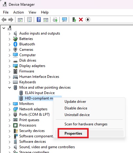Right-clicking on driver in Device Manager and selecting "Properties" from context menu. 
