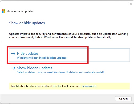Selecting "Hide updates" option in Microsoft's Hide Update Tool. 