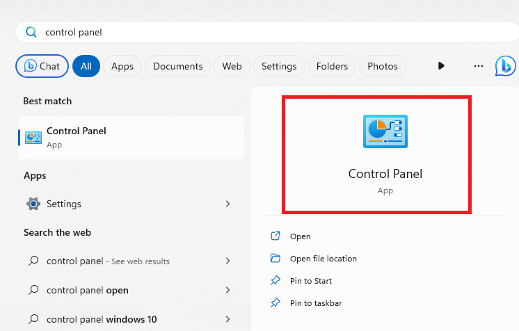 Typing "control panel" in Windows Search. 