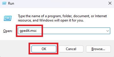 Typing command in Run window.