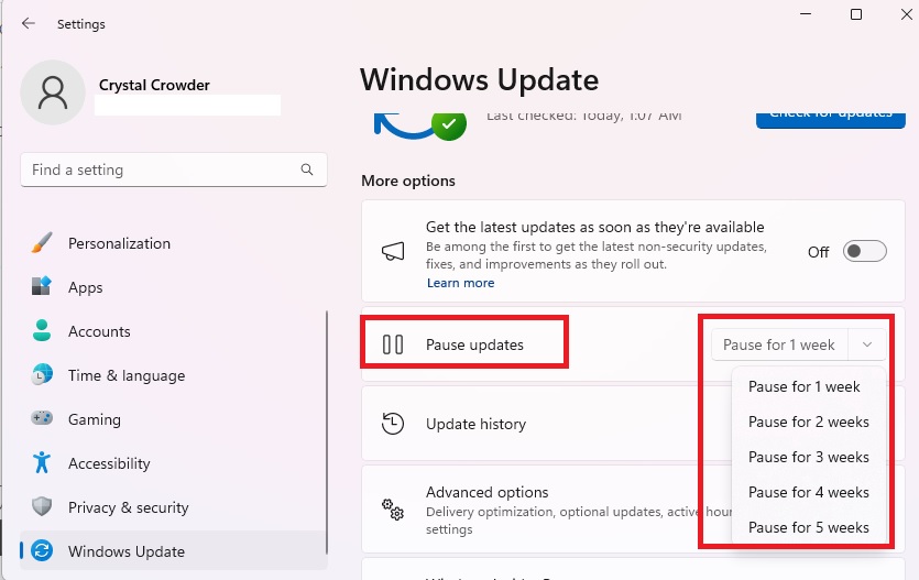 Selecting for how long you want to pause updates in Windows Settings. 