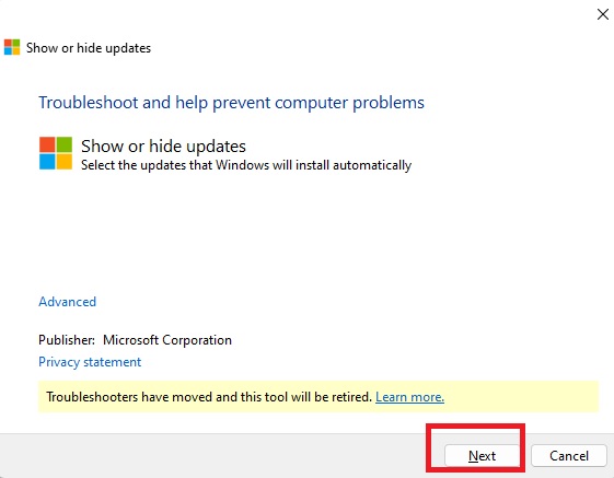 Clicking "Next" button in Microsoft's Hide Update Tool. 