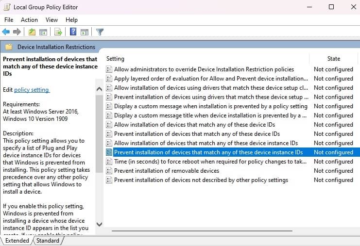 Selecting "Edit" from context menu for "Prevent installation of devices that match any of these device IDs" in Local Group Policy Editor.