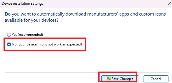 Selecting "No (your device might not work as expected)" option in Device installation settings window.