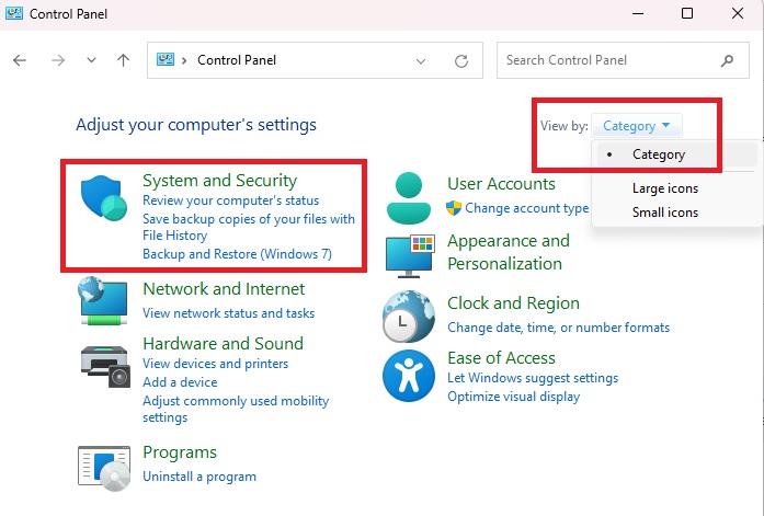 Clicking on "System and Security" in Control Panel. 