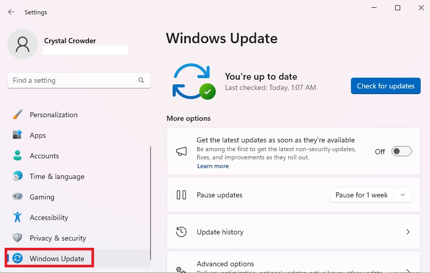 Navigating to Windows Update section in Settings.