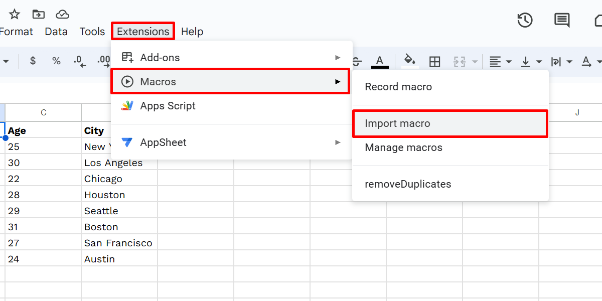 Importing a macro in the Extensions tab