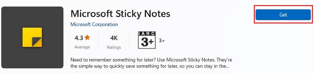 Clicking the "Get" button next to Sticky Notes listing in Microsoft Store.