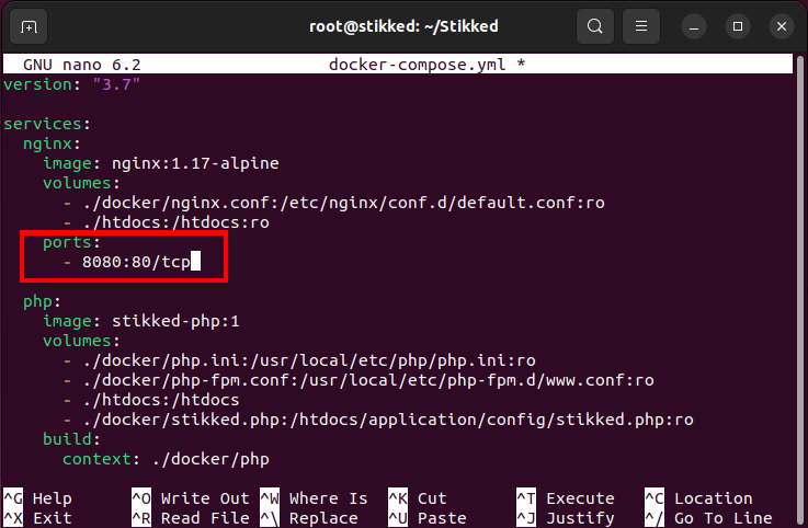 A terminal showing the ports variable for the Stikked docker container.