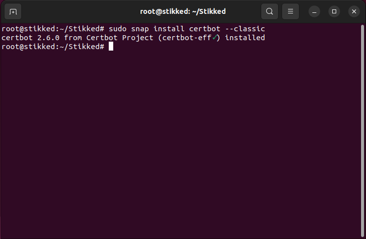 A terminal showing the installation process for certbot.