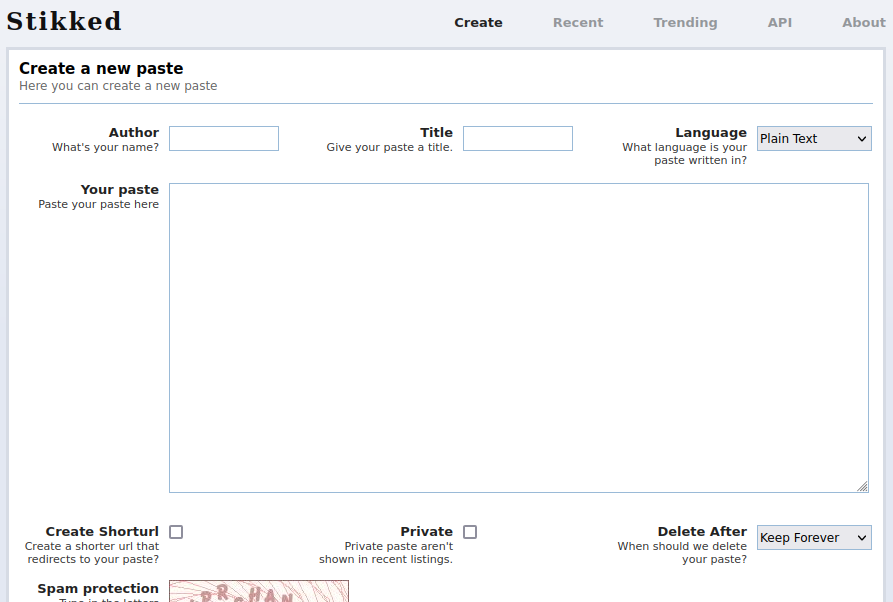 A screenshot showing a working Stikked instance.