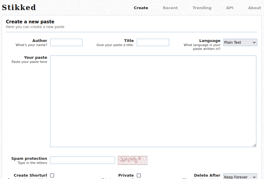 A screenshot showing Stikked running with a cleanwhite theme.