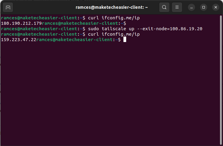 A terminal showing the change in the external IP address in the client machine.
