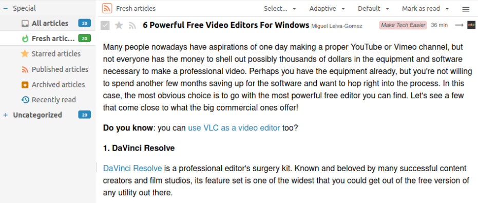 A screenshot showing the contents of an RSS feed.
