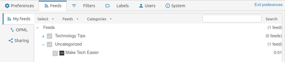 A screenshot showing the list of feeds currently available in the instance.