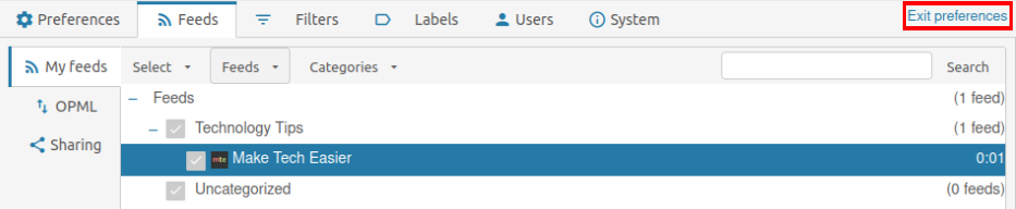 A screenshot highlighting the "Exit preferences" link inside the "Feeds" submenu.