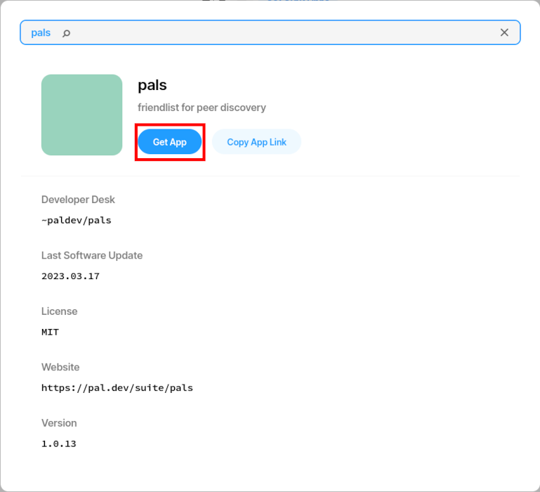 A screenshot highlighting the "Get App" button for the pals application.