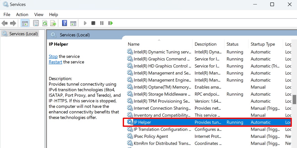 Double-clicking IP Helper in Services window. 