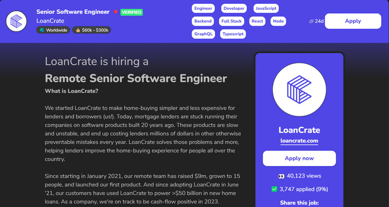 Job Post on the Remoteok website
