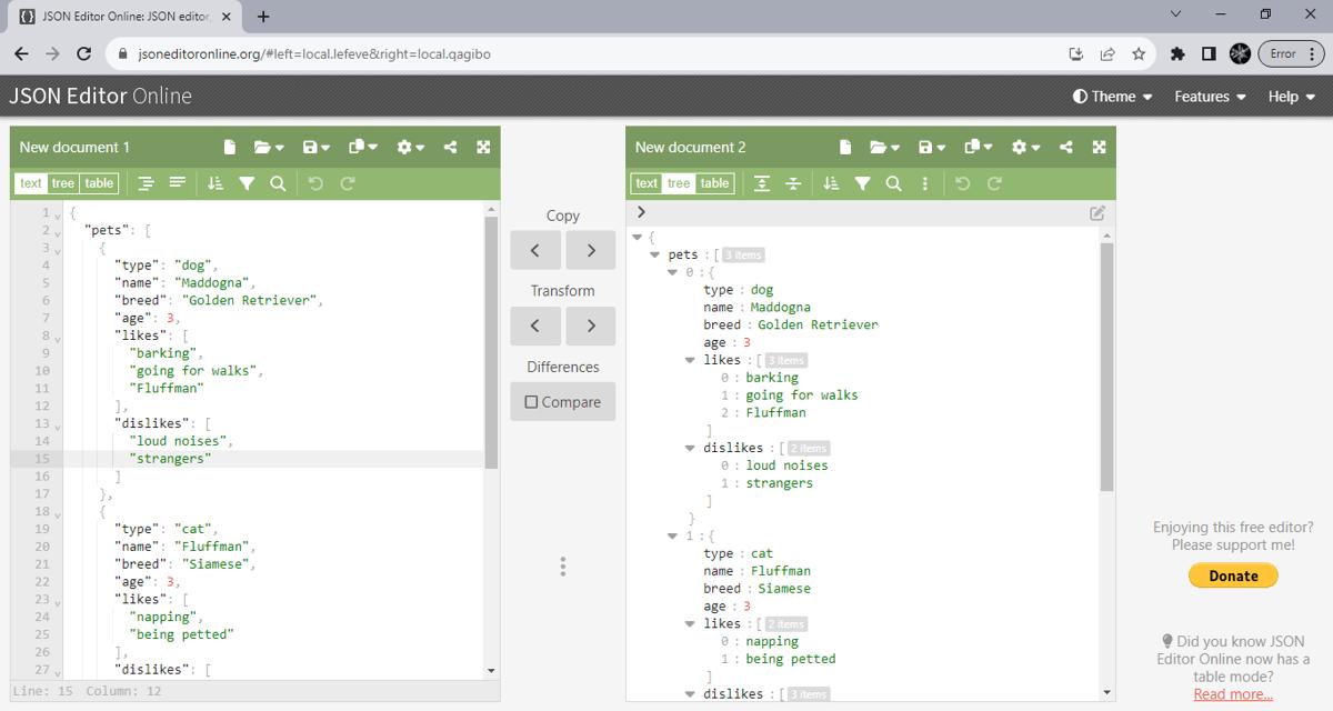 JSON web application view in browser.