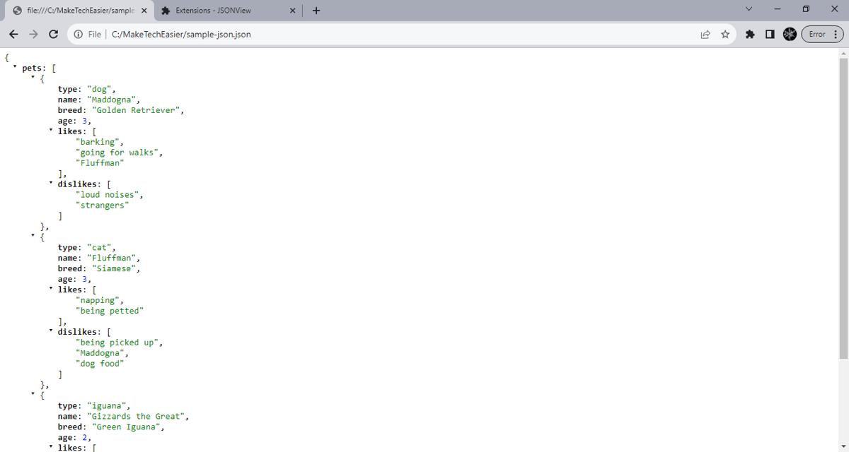 JSONView Chrome extensions in action.