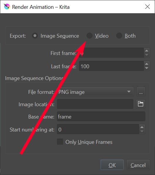 Krita Animation Render Animation Settings Red Arrow On Video Option