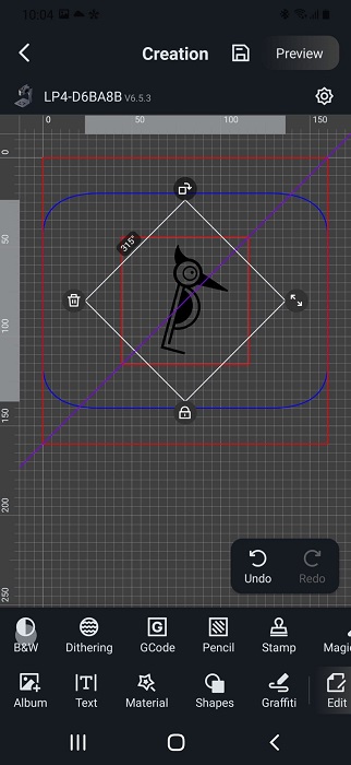 Laserpecker Design space Android app view. 