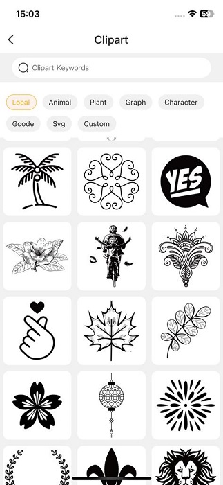 Clipart gallery in LaserPecker Design Space app for iOS.