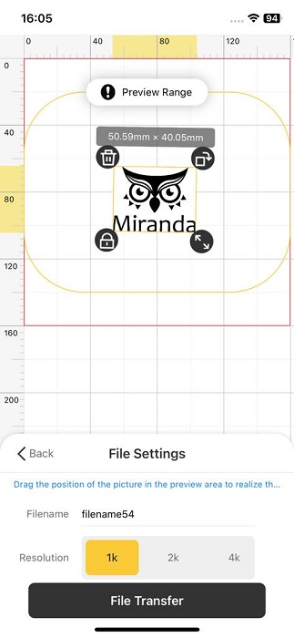 Setting resolution in LaserPecker Design Space app for iOS.