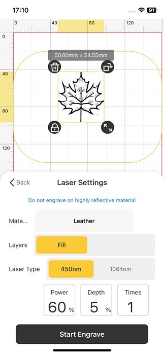 Setting "Depth" and "Power" parameters in Laserpecker Design Space app for iOS.