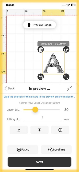 Message in LaserPecker Design space app for iOS not being fully visible. 