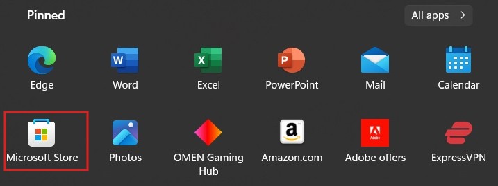 Selecting Microsoft Store from Start menu. 