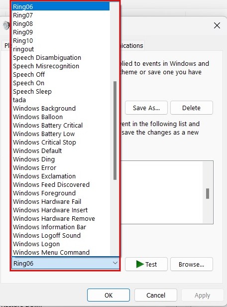 Viewing built-in list of notification sounds in Windows. 