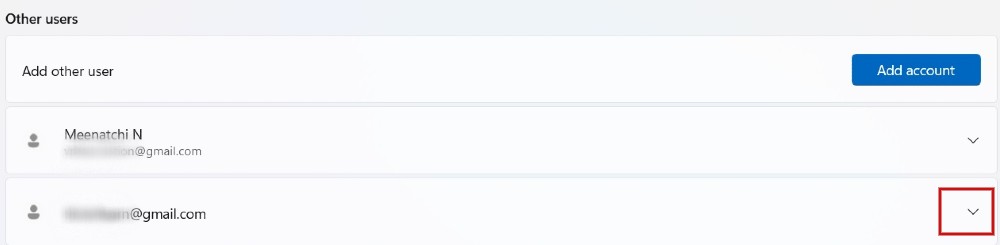 Selecting user profile for deletion in Windows Settings. 