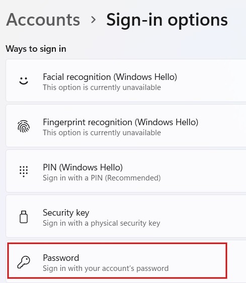 Clicking "Password" in "Sign-in options" in Windows Settings.