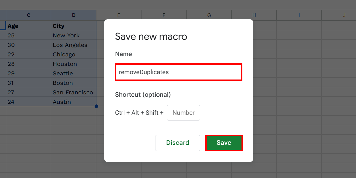 Adding a name for a newly recorded macro and clicking the Save button
