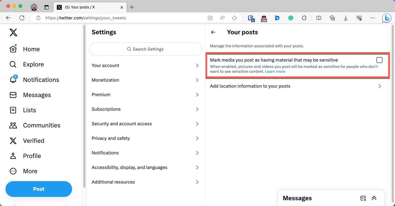 twitter for web mark media posts as sensitive checkbox