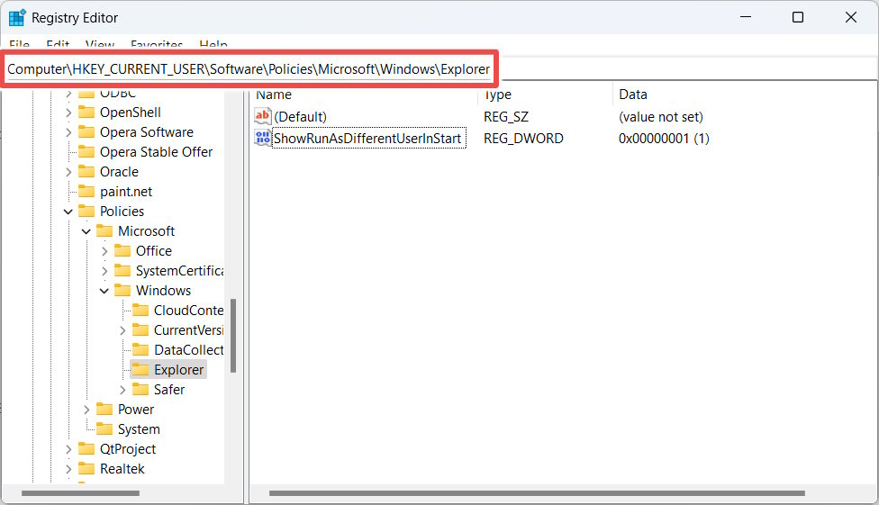 Navigating to the Explorer key in Registry Editor.