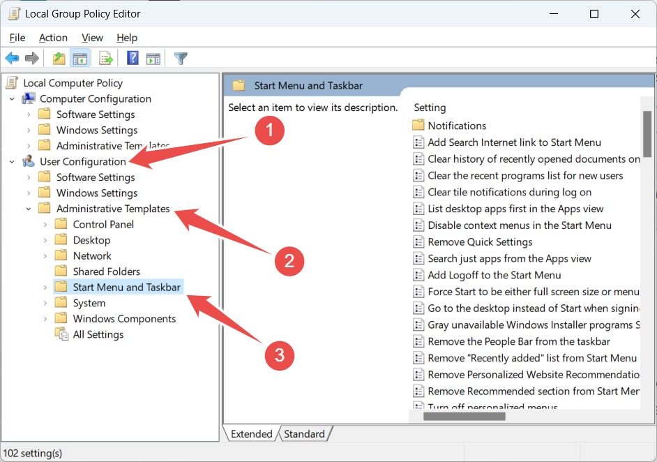 Navigating to the "Start Menu And Taskbar" folder in the Local Group Policy.