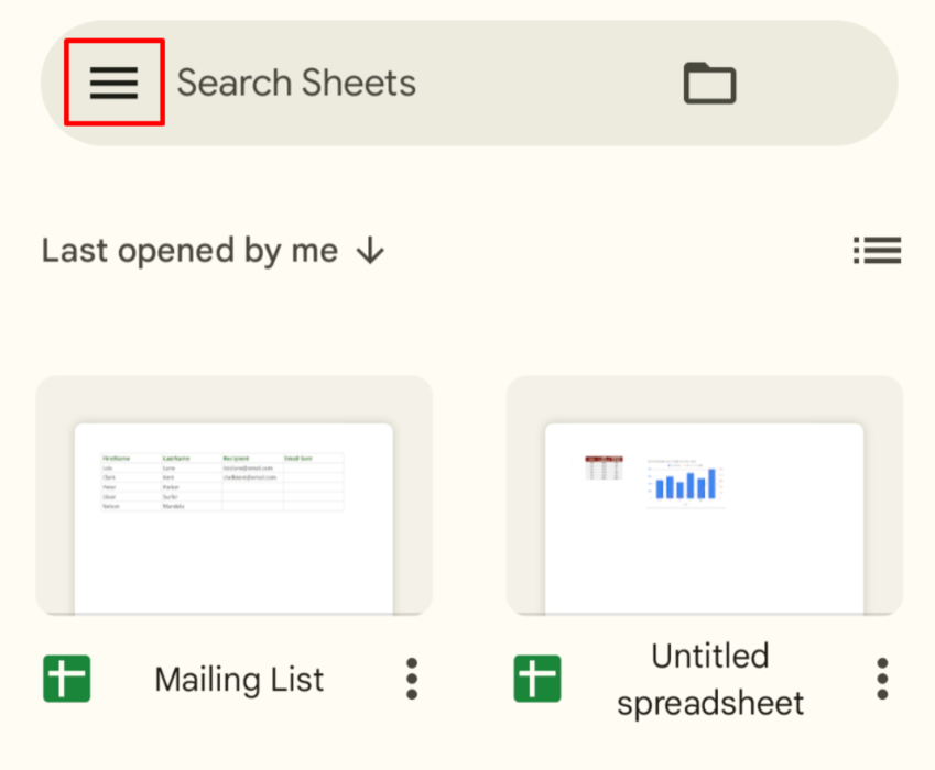 Navigation drawer button in the Sheets mobile app. 