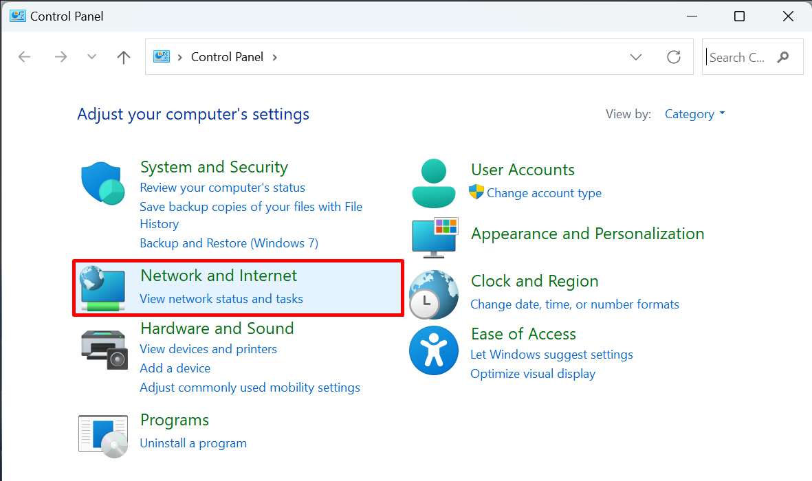 Navigating to the "Network and Internet" option in the Control Panel. 