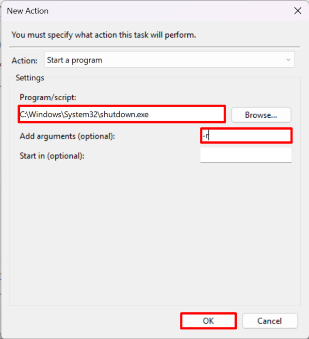 This screenshot shows the shutdown program file and argument in the New Action tab. 