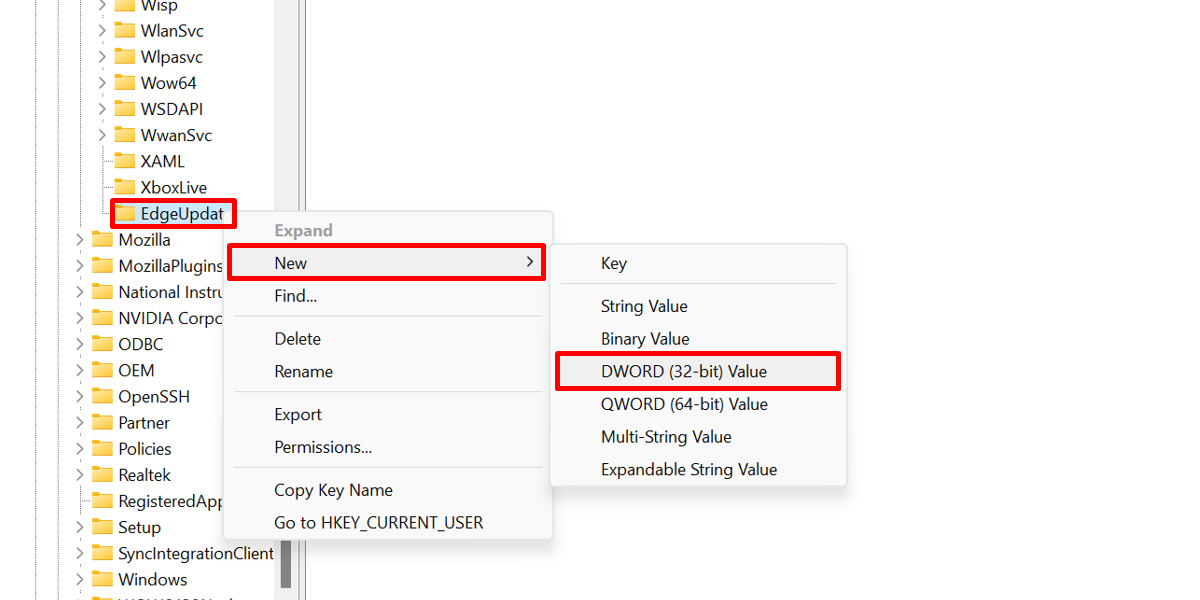 Creating a new DWORD (32-bit) value in Registry Editor.