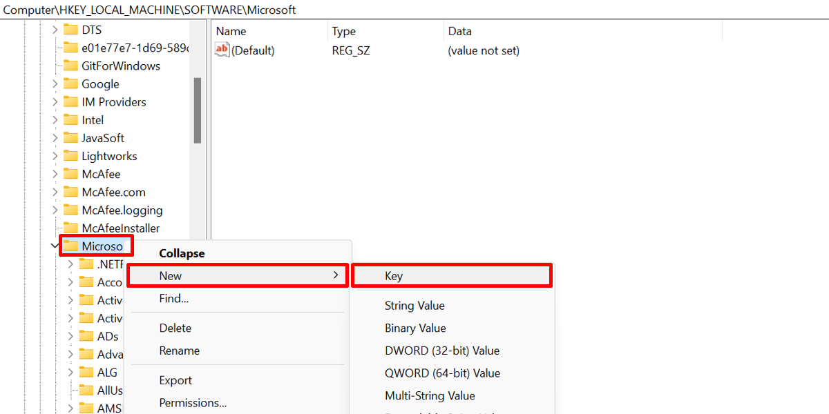 Creating a new key in Registry Editor.