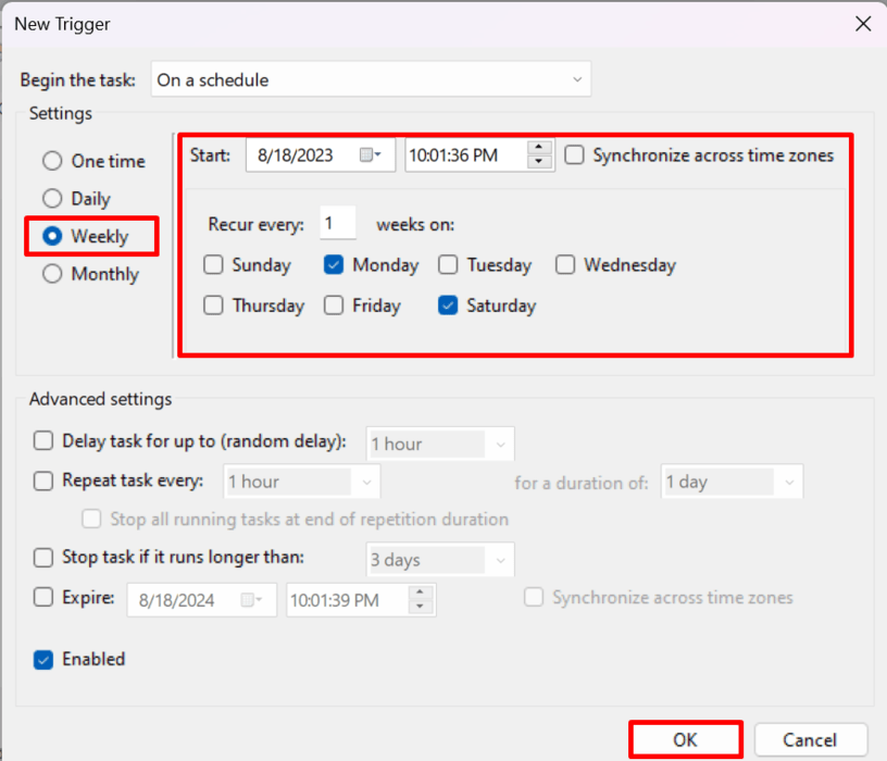 This screenshot shows the schedule settings for a task in Task Scheduler. 