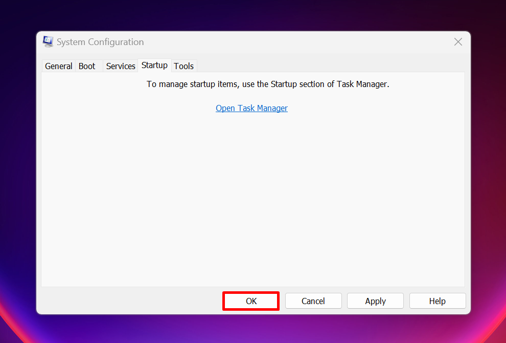 Clicking "OK" button in System Configuration window.
