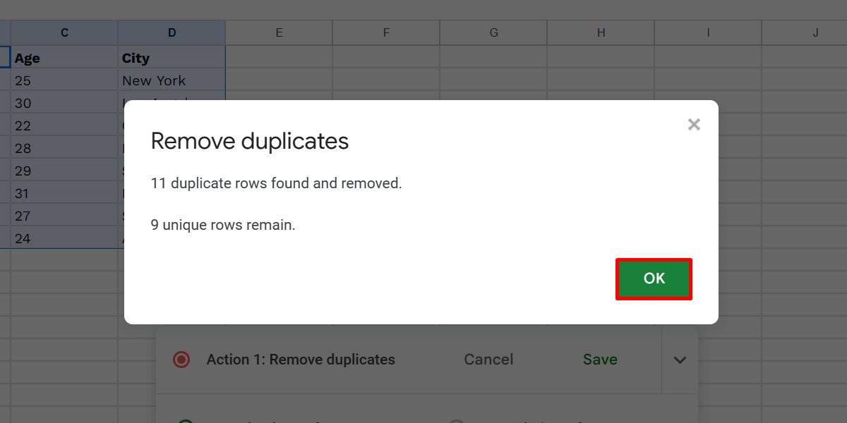 Clicking the "OK" button after removing duplicates from a Google spreadsheet