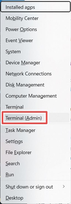 Opening Terminal as admin via WinX menu.