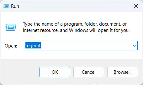 Opening the Registry Editor via Windows Run.